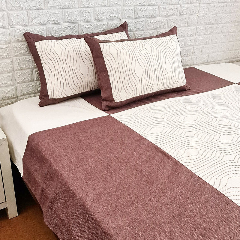 Chestnut Brown & Off White Embroidery Handloom Cotton Bedcover