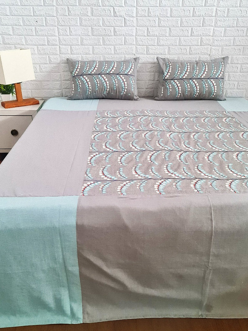 Grey & Mint Green Leaf Embroidery Handloom Cotton Bedcover