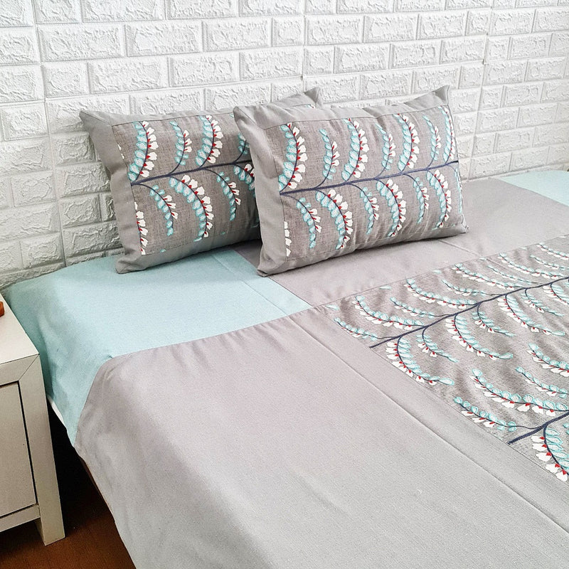 Grey & Mint Green Leaf Embroidery Handloom Cotton Bedcover