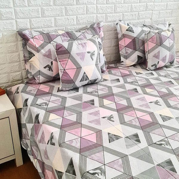 Pink & Grey Geometrical Pattern Bedsheet Set