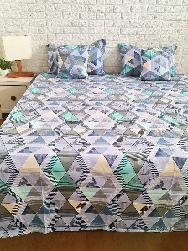 Blue & Green Geometrical Pattern Printed Bedsheet Set