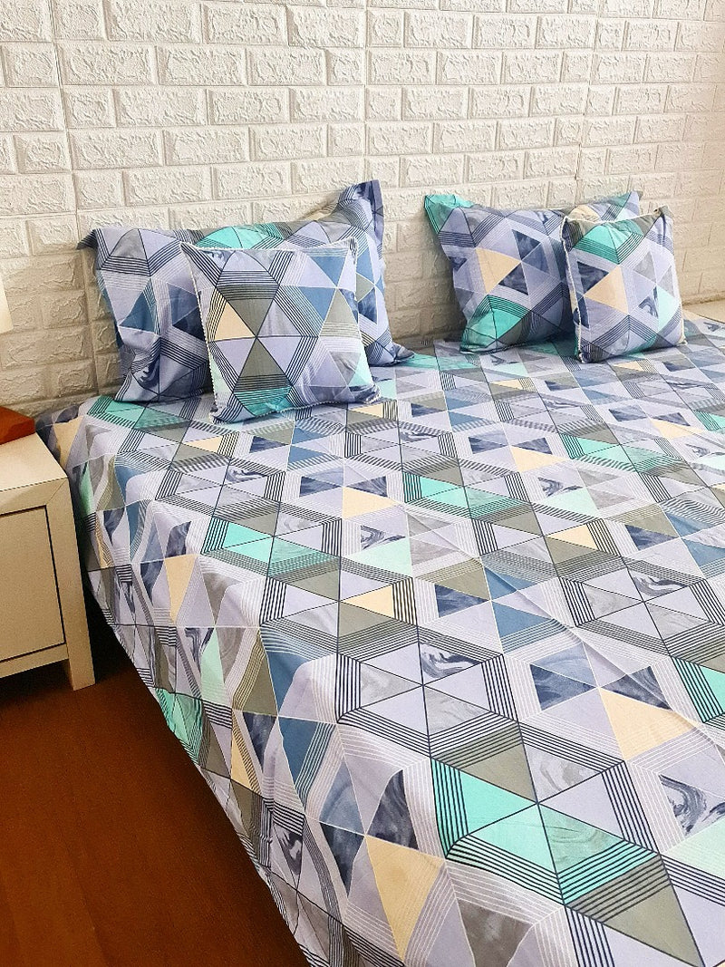 Blue & Green Geometrical Pattern Printed Bedsheet Set