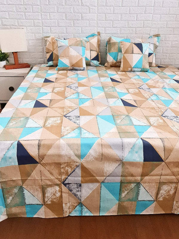 Cyan Blue & Brown Square Pattern Bedsheet Set