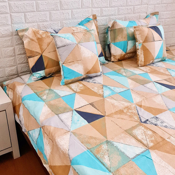 Cyan Blue & Brown Square Pattern Bedsheet Set