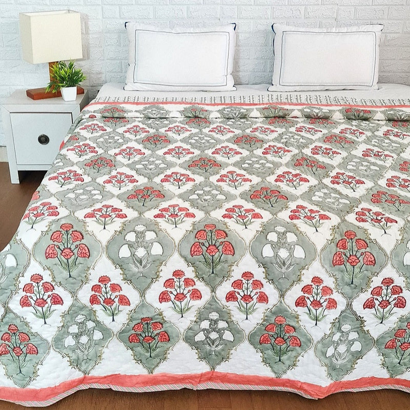 Pink and Grey Floral Grid Single Hand Blocked Quilt