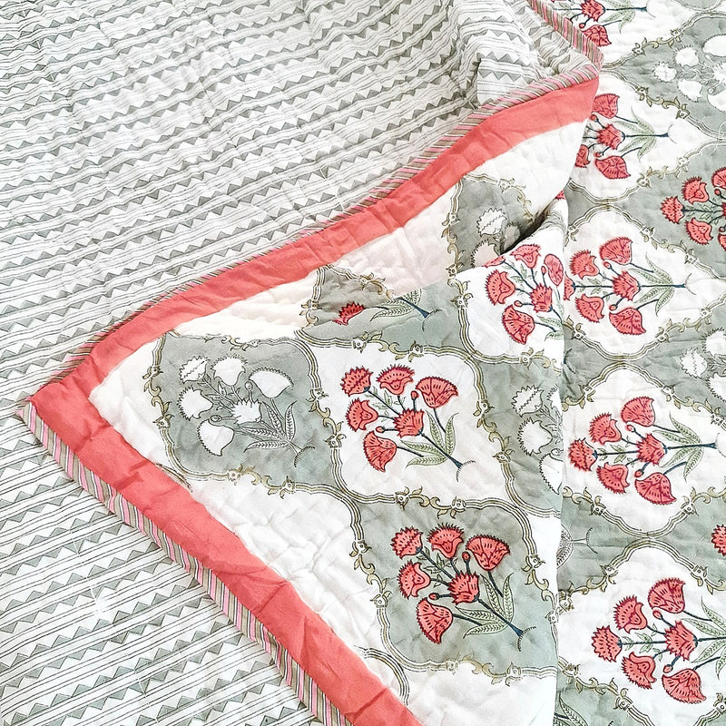 Pink and Grey Floral Grid Single Hand Blocked Quilt