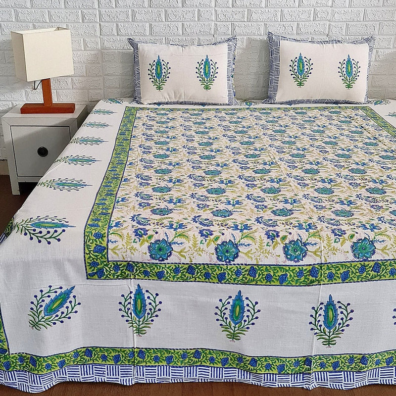 Blue Hand Blocked Linen Bedsheet