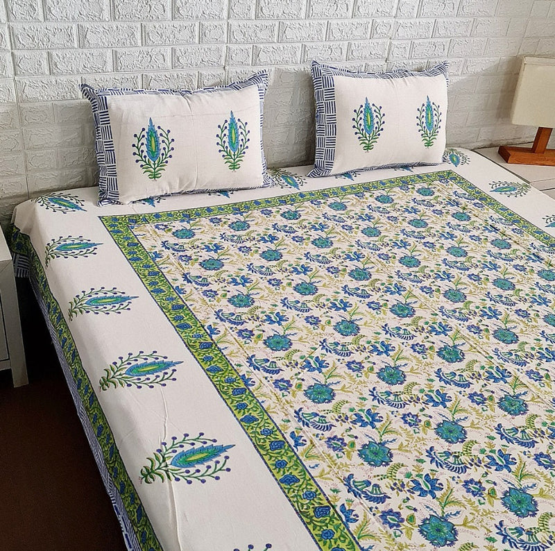 Blue Hand Blocked Linen Bedsheet
