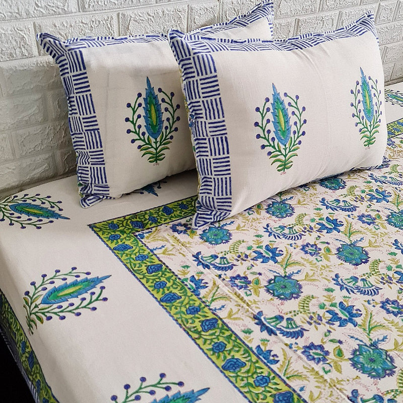 Blue Hand Blocked Linen Bedsheet