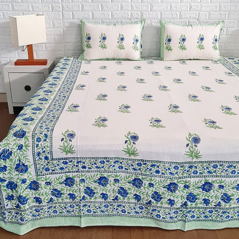 Blue and Green Floral Hand Blocked Linen Bedsheet