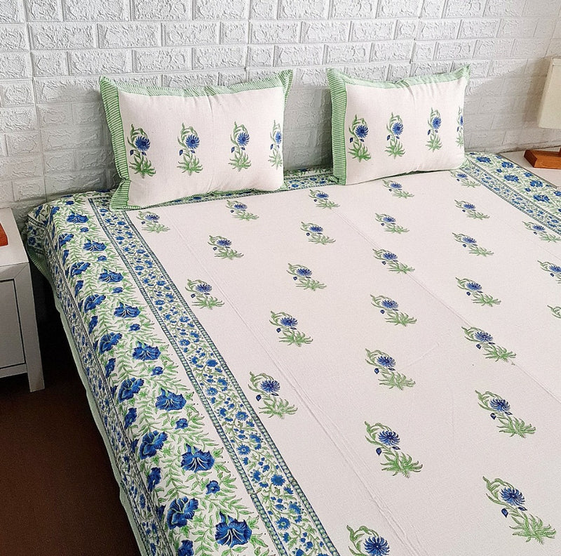 Blue and Green Floral Hand Blocked Linen Bedsheet
