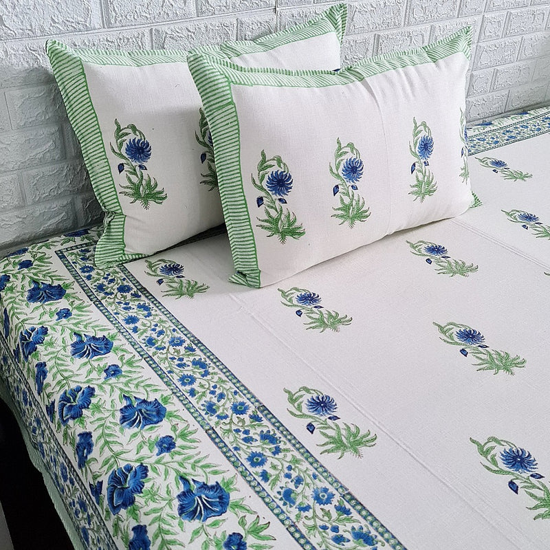 Blue and Green Floral Hand Blocked Linen Bedsheet