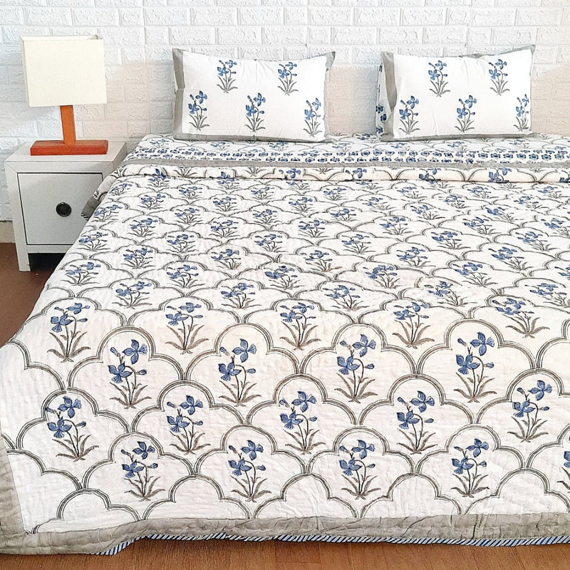 Blue Floral Grid Hand Blocked Quilt Set