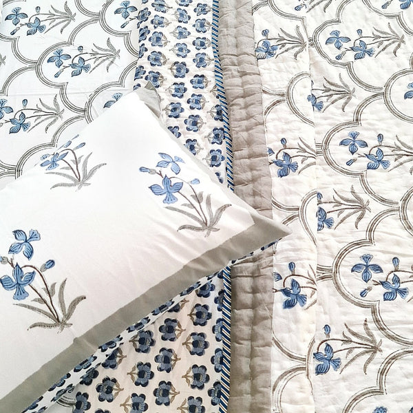 Blue Floral Grid Hand Blocked Cotton Quilt Double Bed Set