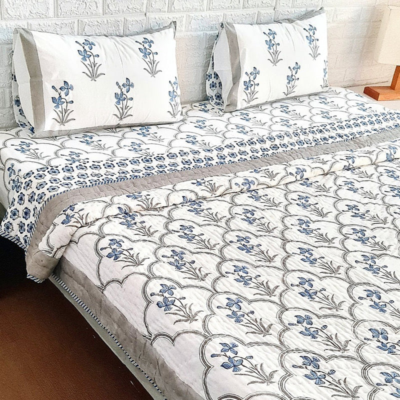 Blue Floral Grid Hand Blocked Quilt Set