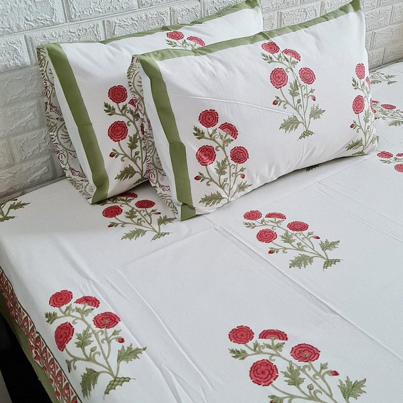Red Roses Blockprint Bedsheet