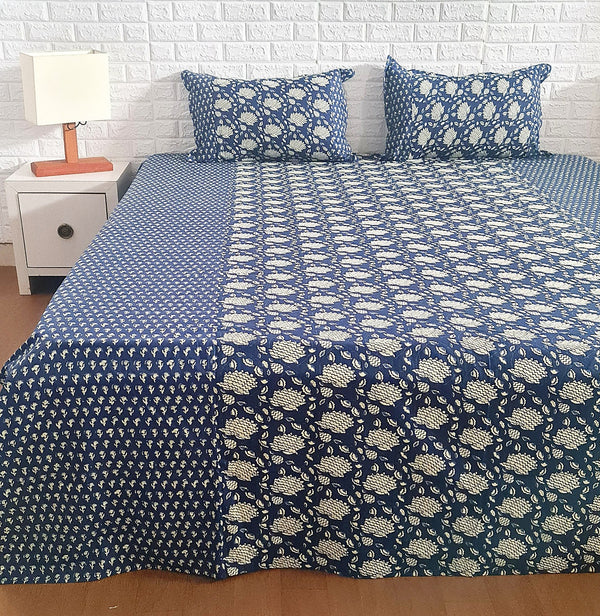 Bold and Beautiful Indigo Floral Ajrakh Print Bedsheet