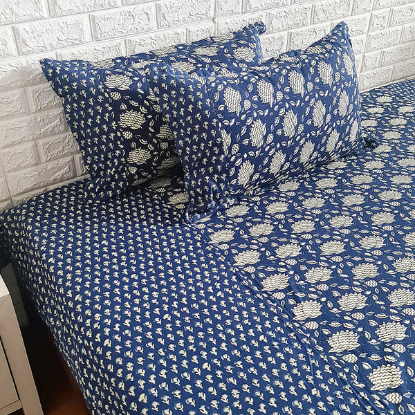 Bold and Beautiful Indigo Floral Ajrakh Print Bedsheet