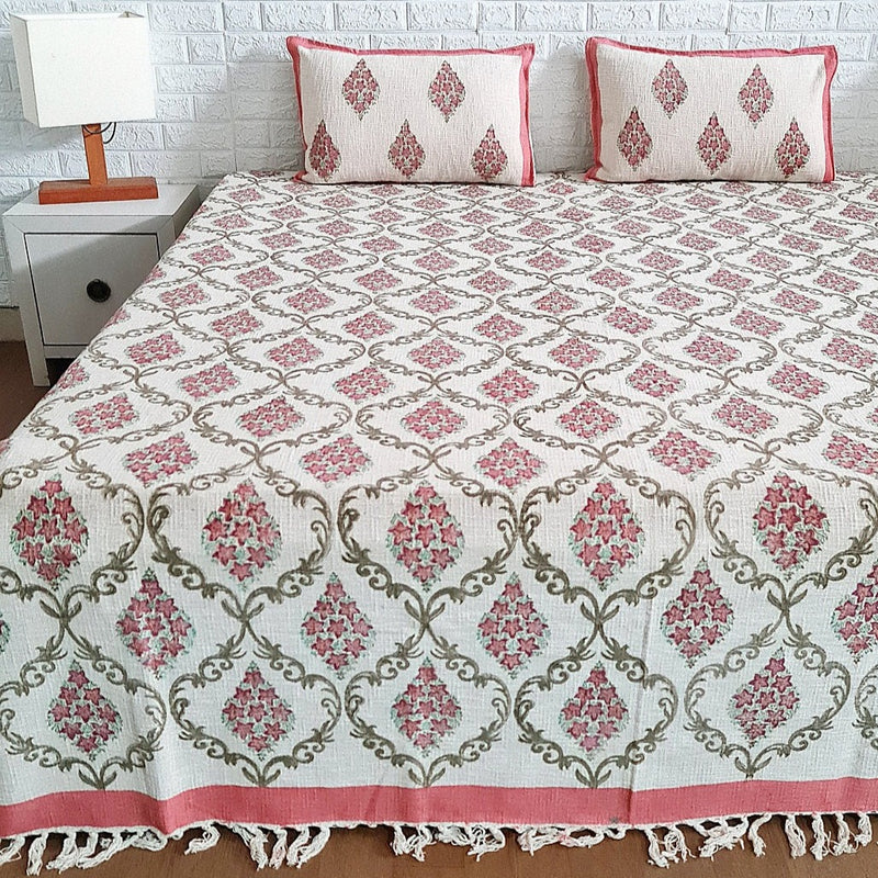 Pink Love Jaal Print Floral Hand Blocked Jute Bedcover