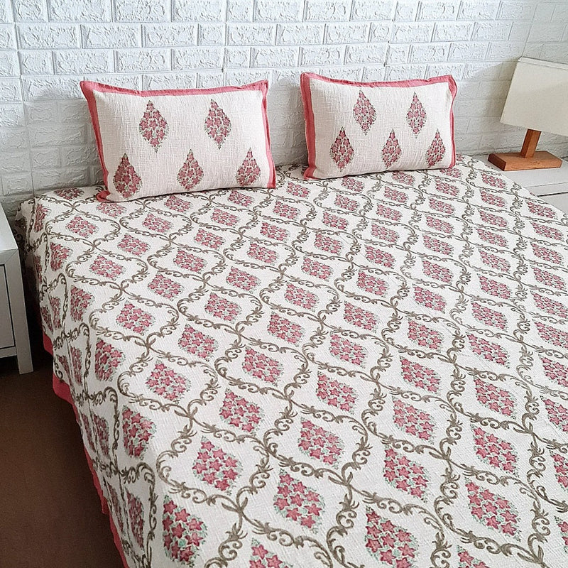 Pink Love Jaal Print Floral Hand Blocked Jute Bedcover