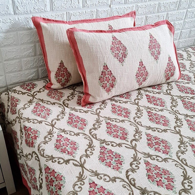 Pink Love Jaal Print Floral Hand Blocked Jute Bedcover