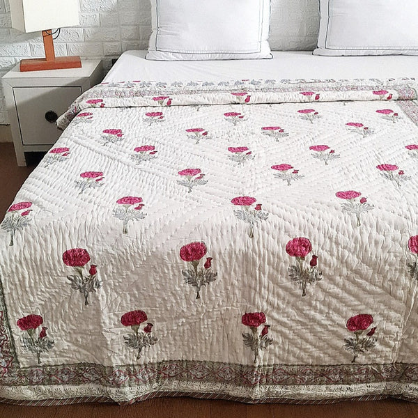 Rose Flower Buta Hand Blocked Quilt