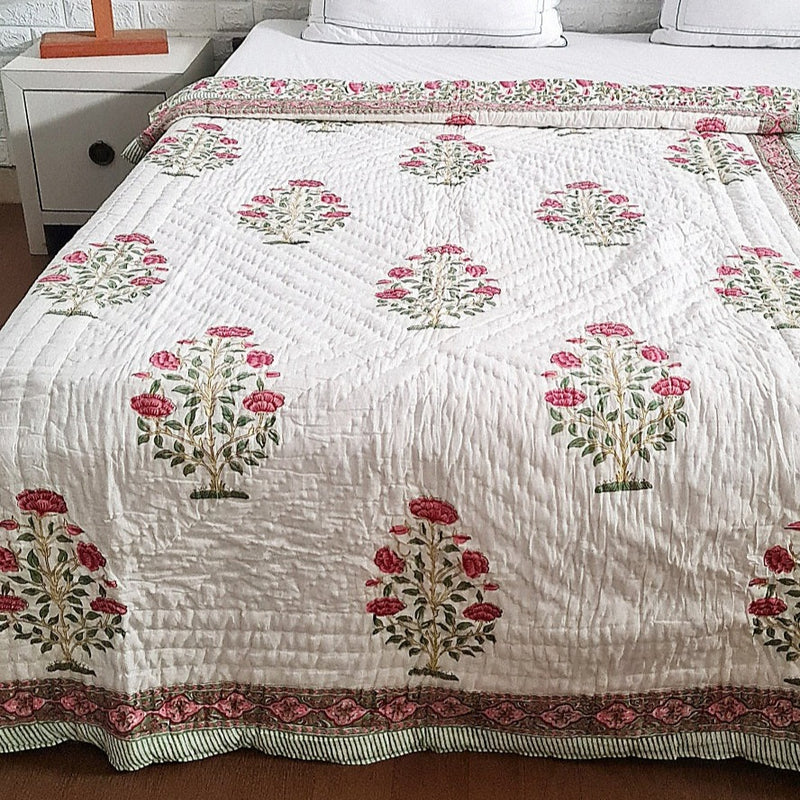 Red Flower Motif Hand Blocked Quilt