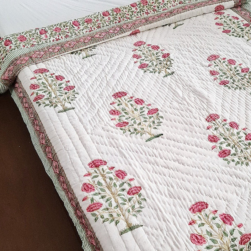 Red Flower Motif Hand Blocked Quilt