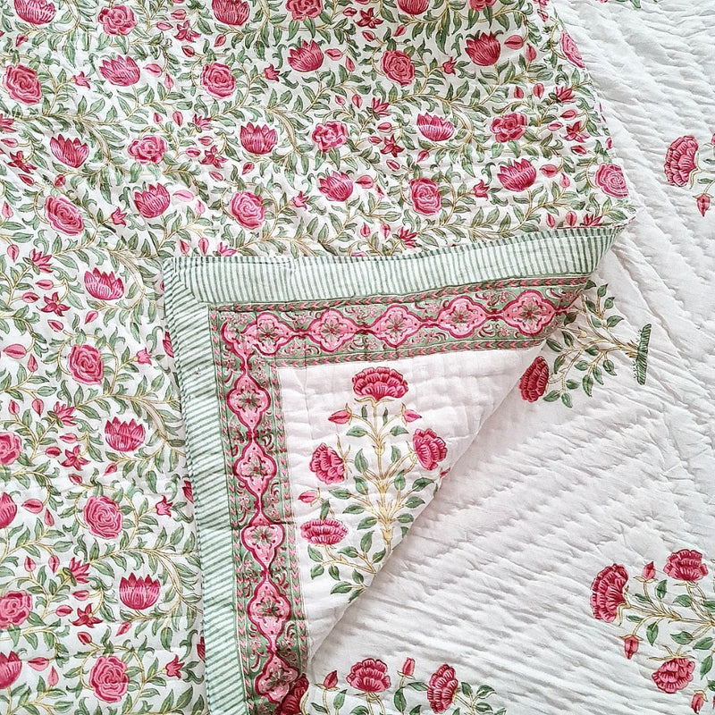 Red Flower Motif Hand Blocked Quilt