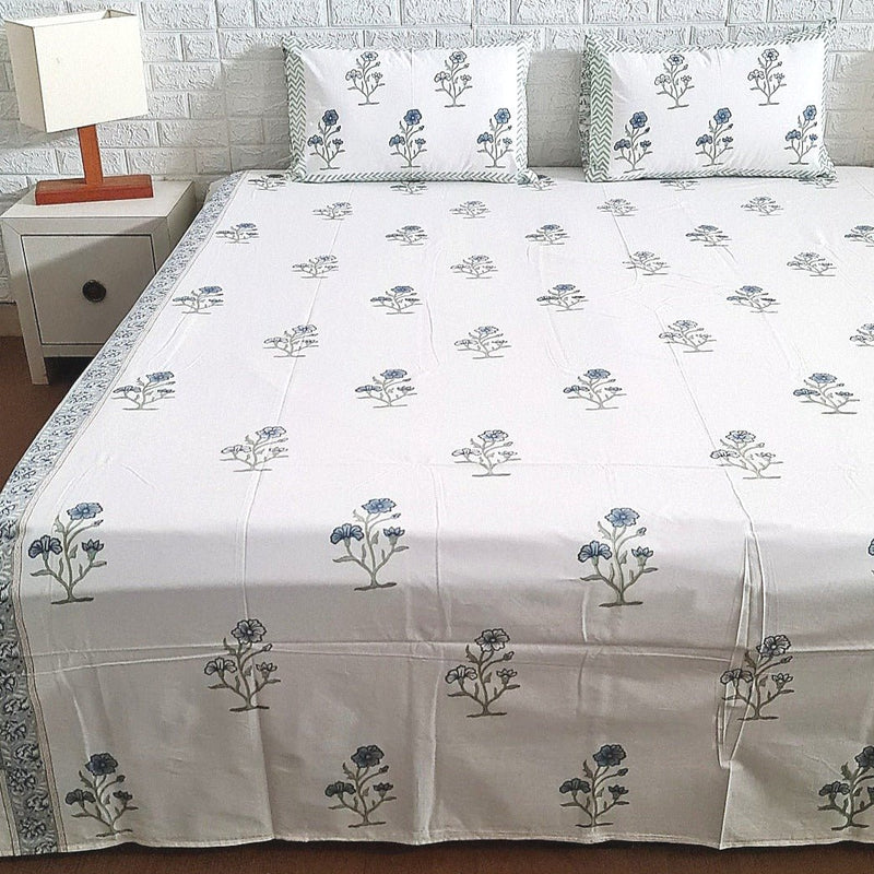 The Calming Blue - Floral Motif Hand Blocked Sheet