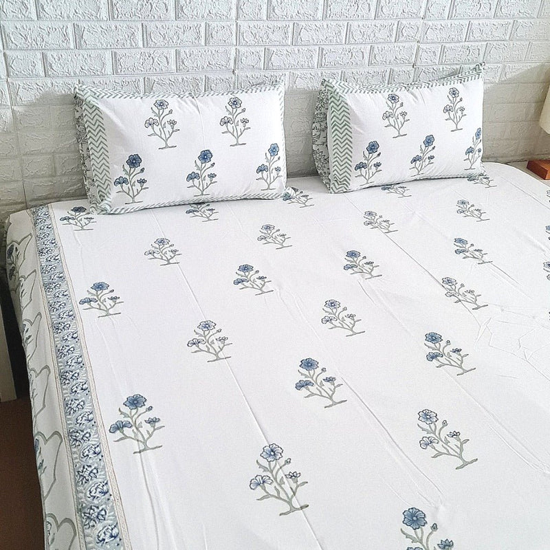 The Calming Blue - Floral Motif Hand Blocked Sheet