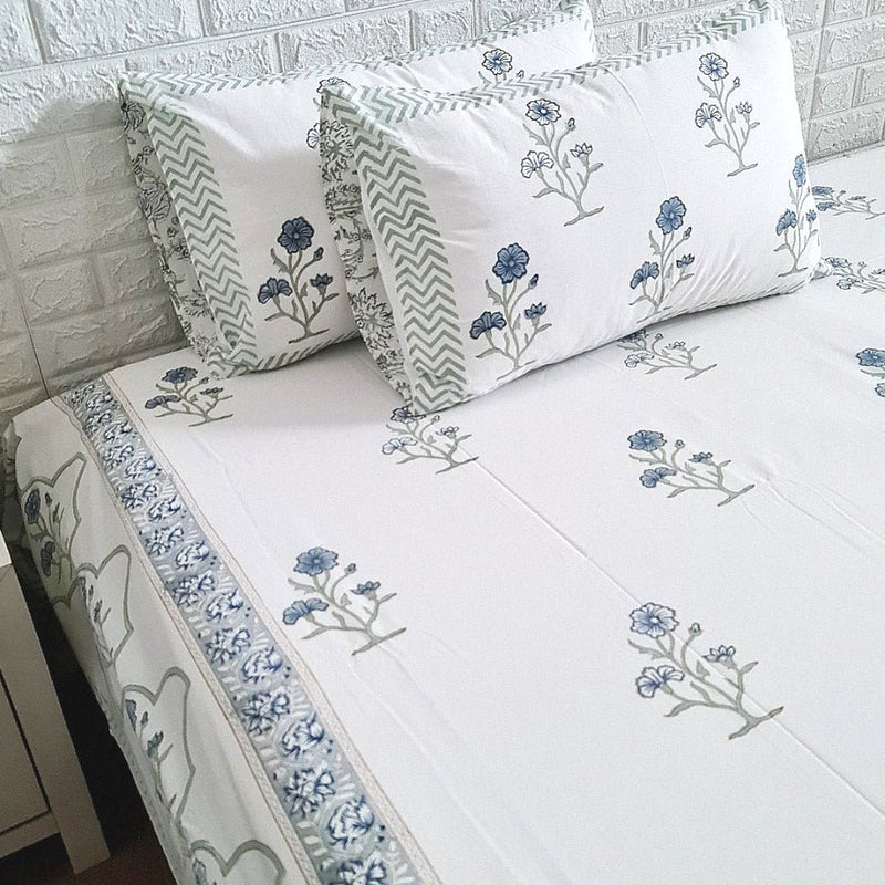 The Calming Blue - Floral Motif Hand Blocked Sheet