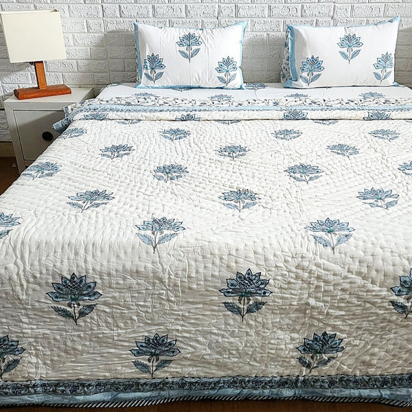 Serene Blue - Hand Blocked Quilt Bedding Set