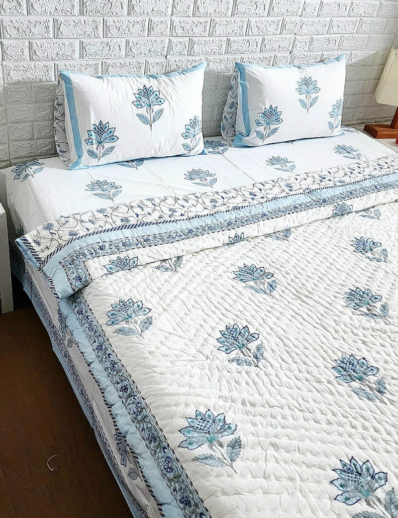 Serene Blue - Hand Blocked Quilt Bedding Set