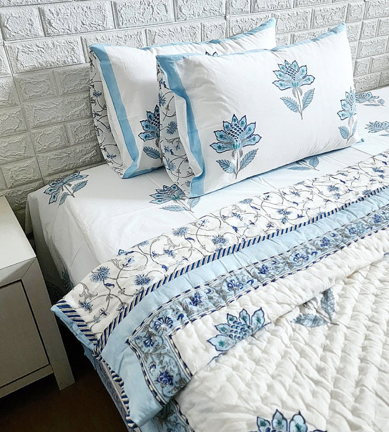 Serene Blue - Hand Blocked Quilt Bedding Set