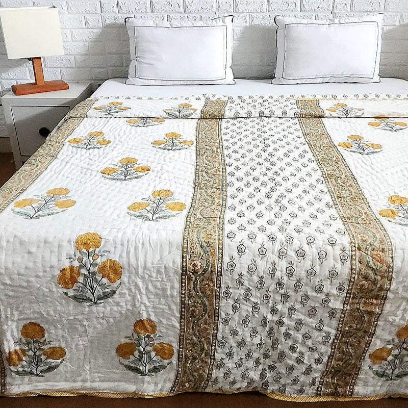 Yellow Flower Motif Hand Blocked Quilt