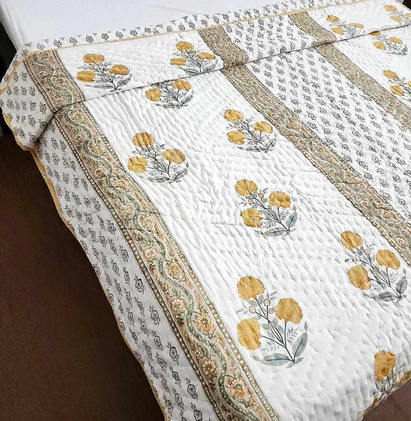 Yellow Flower Motif Hand Blocked Quilt