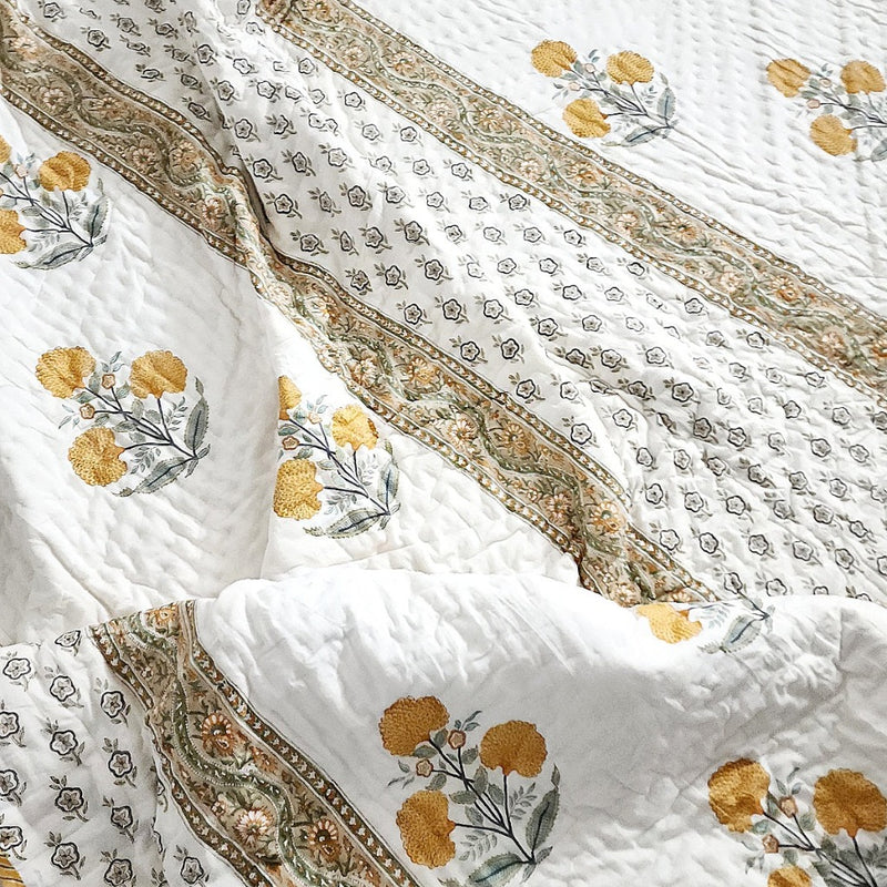 Yellow Flower Motif Hand Blocked Quilt