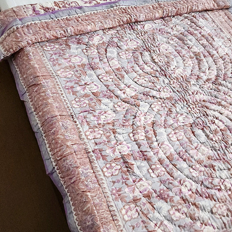 Mauve Floral Pattern Hand Blocked Quilt