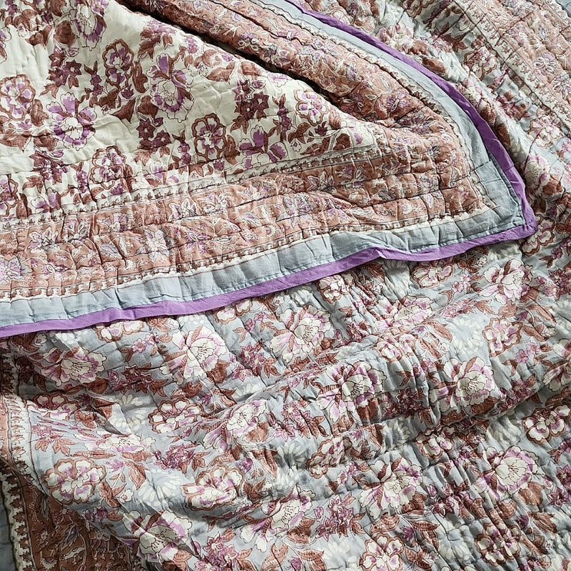 Mauve Floral Pattern Hand Blocked Quilt