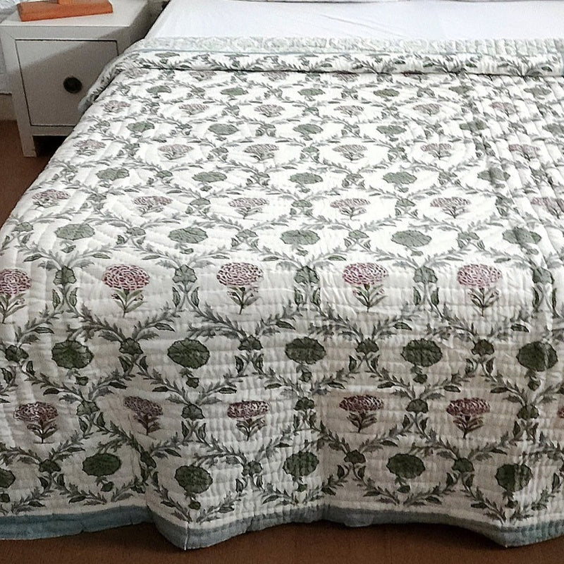 Floral Grid Hand Blocked Quilt