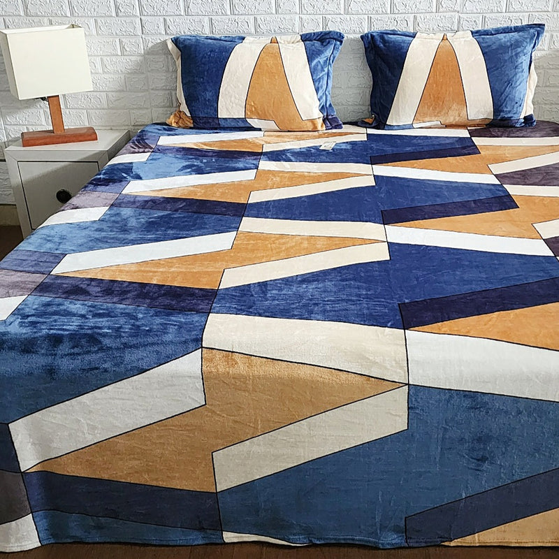 Blue, White and Beige Geometrical Print Warm Bedsheet