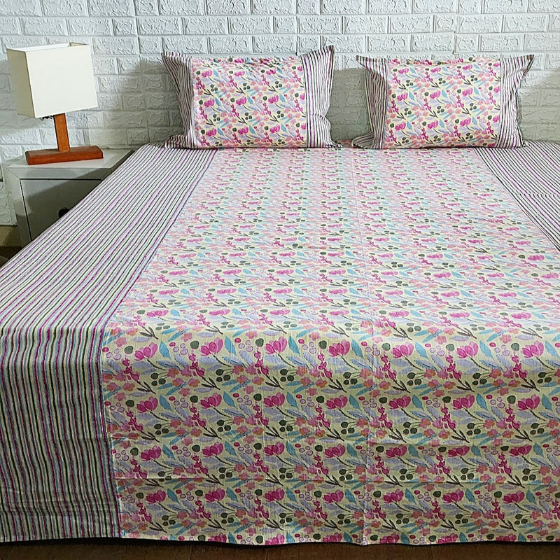 Pink Floral Print Ajrakh Bedsheet