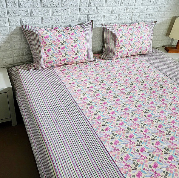 Pink Floral Print Ajrakh Bedsheet