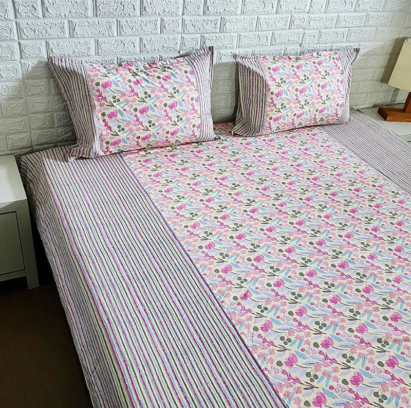 Pink Floral Print Ajrakh Bedsheet