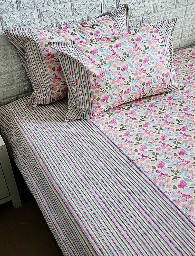 Pink Floral Print Ajrakh Bedsheet