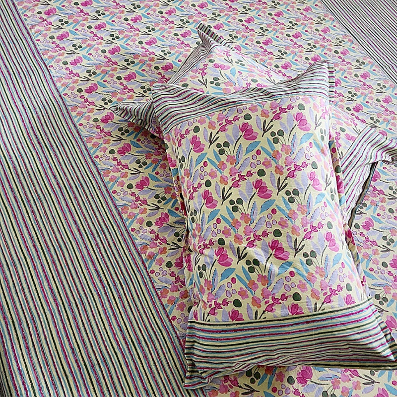 Pink Floral Print Ajrakh Bedsheet