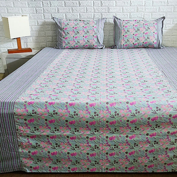 Blue and Pink Floral Ajrakh Print Bedsheet