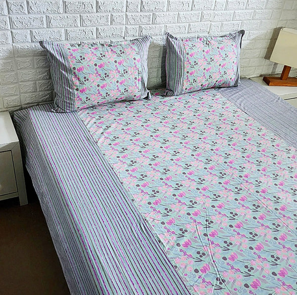 Blue and Pink Floral Ajrakh Print Bedsheet