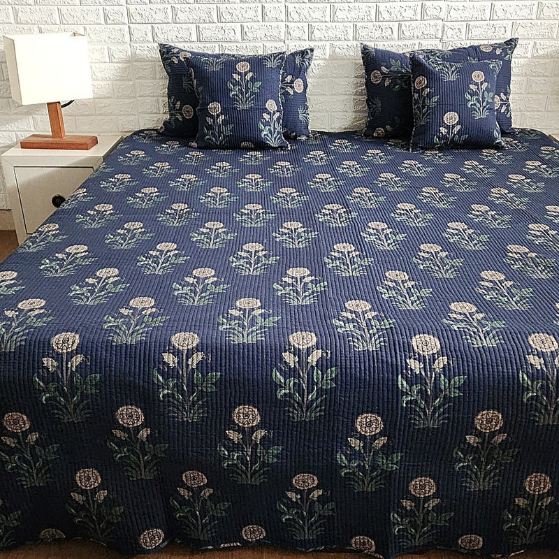 Indigo Blue Floral Motif Ajrakh Quilted Bedcover